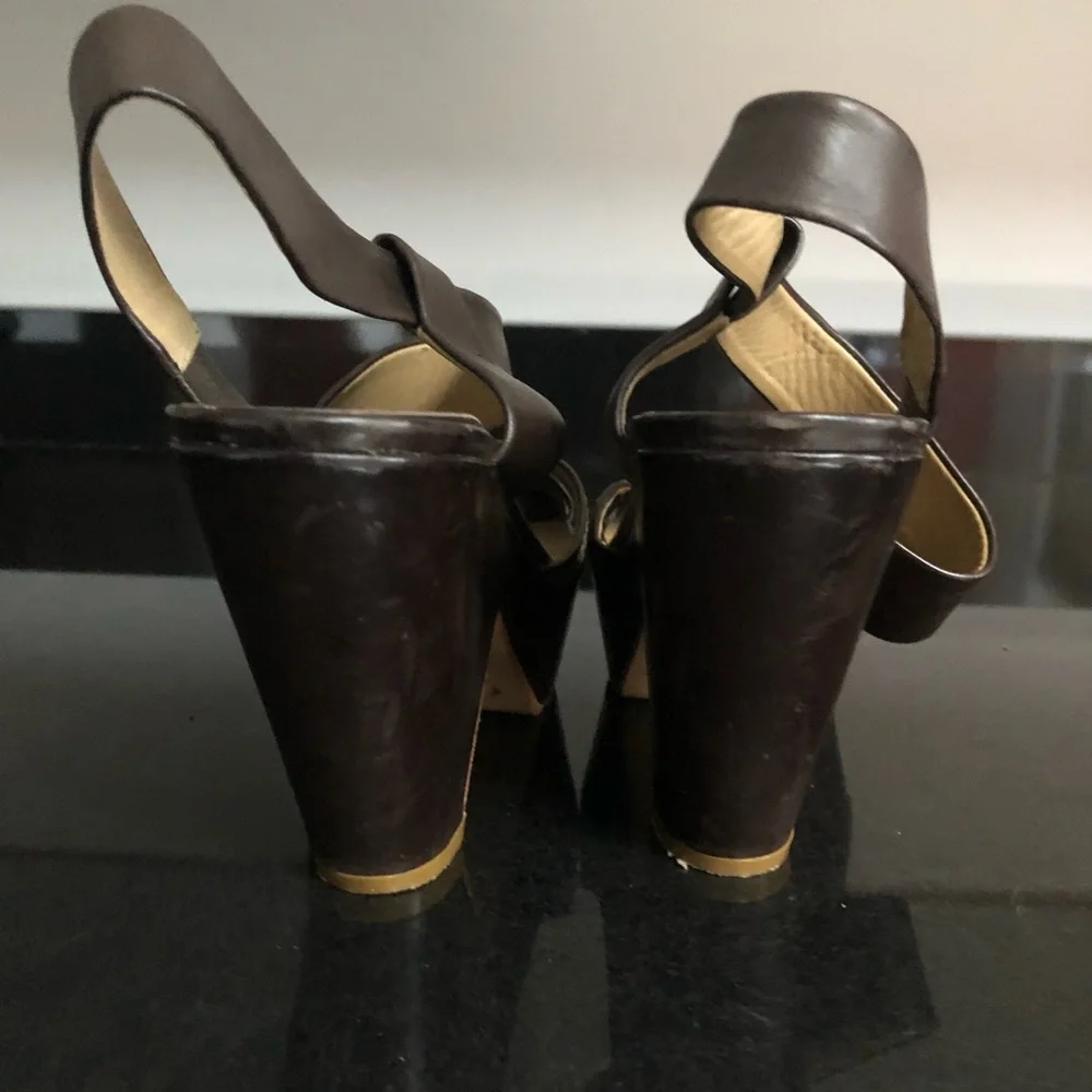 Chloé Brown Leather Platform Wedge Sandals 38.5 Made Italy Designer Heels - Picture 6 of 9